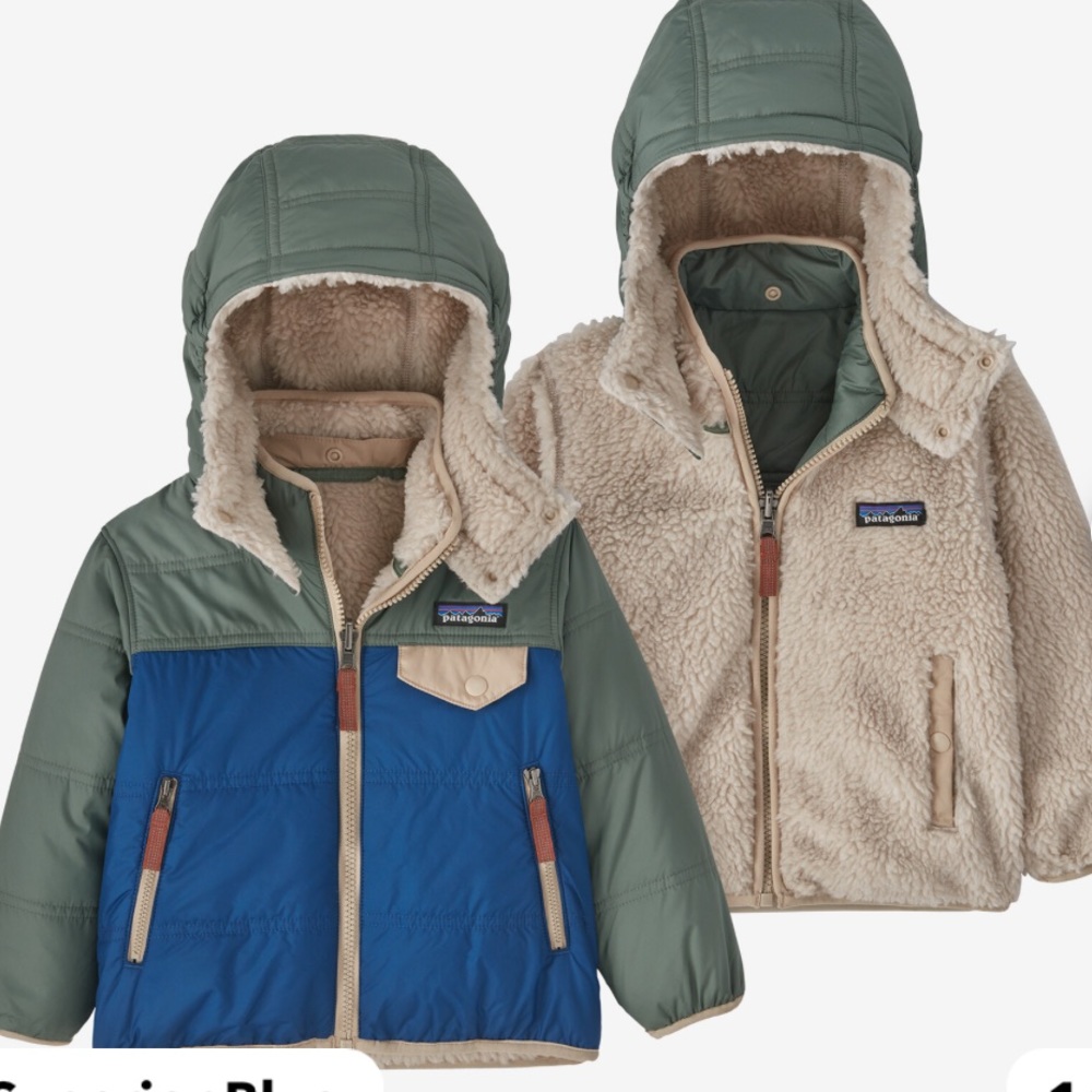 Patagonia Kids Reversible Puffer & Sherpa Jacket in Olive Green, Blue, Beige